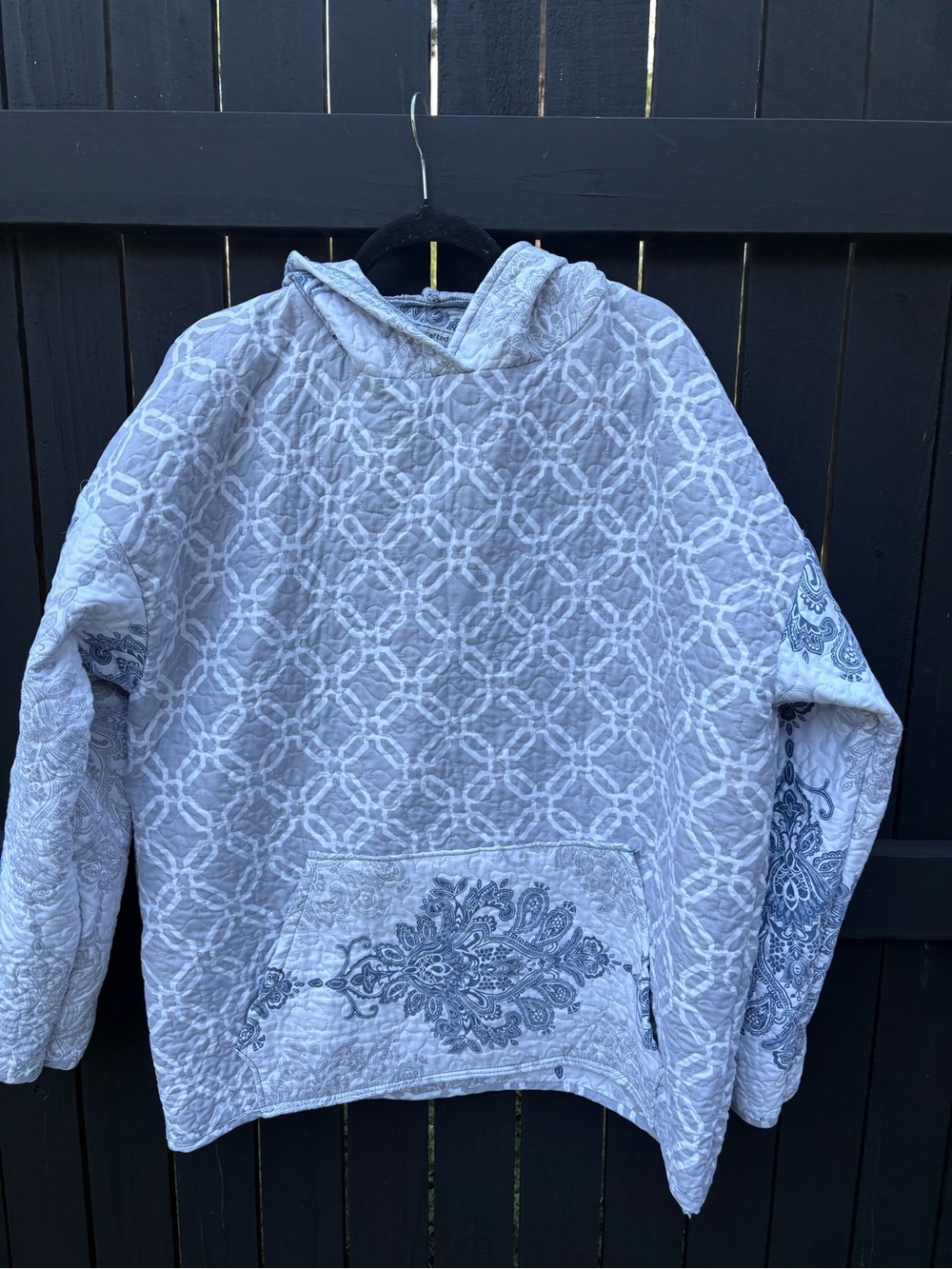 Quilted Hooded Women's Hoodie in Gray, White with contrasting sleeves and hood.